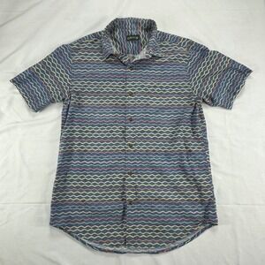 Orvis Men's Short Sleeve Button Up Shirt Blue Zig Zag Pattern Cotton L‎